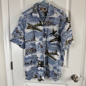 Aviation-Themed Blue Casual Button Down Shirt